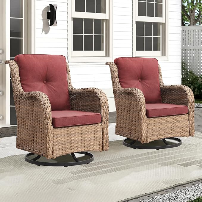 Outdoor Swivel Rocker Patio Chairs-Wicker Patio Swivel Chairs Set of 2 PE Rattan Patio Furniture for Porch Deck Balcony Garden-Yellow/Red