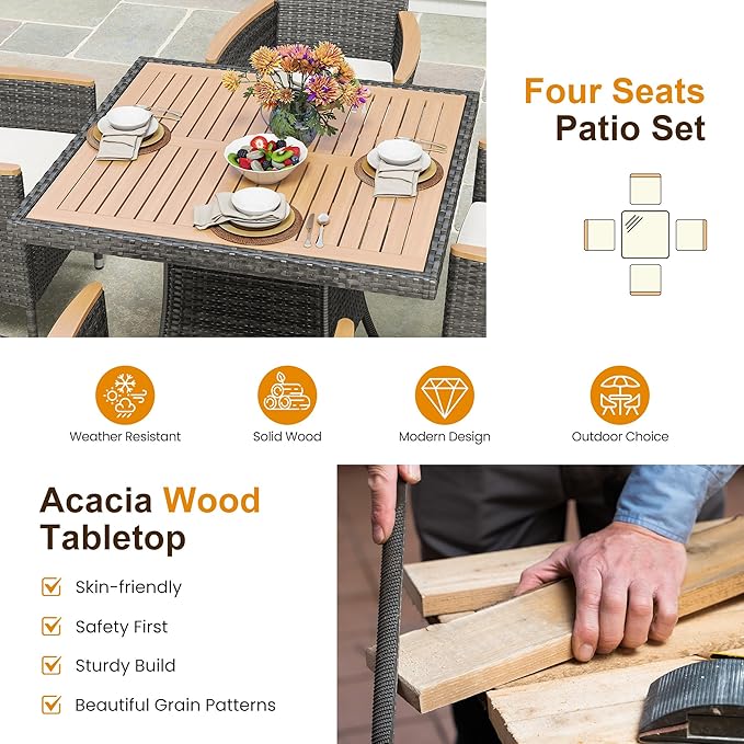 Wisteria Lane Patio Dining Sets for 4, All Weather Rattan Outdoor Table and Chairs with Acacia Wood Tabletop, Patio Dining Furniture with Removable Cushions for Deck Garden, Backyard, Gray