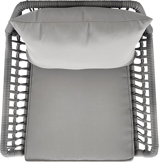 Manhattan Comfort Cannes 3-Piece Patio Conversation Set, Outdoor Furniture | Includes Modern Cushioned Rope Wicker Chairs & End Table, Removable & Washable Cushions, Tempered Glass Tabletop, Grey