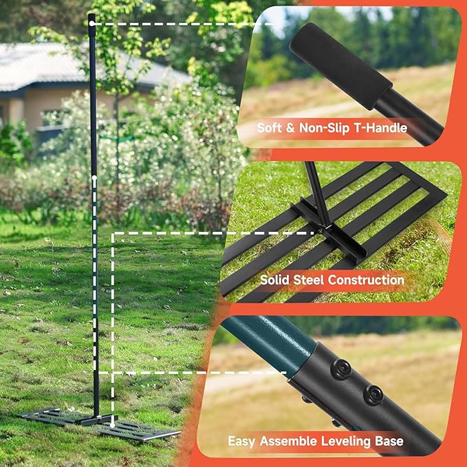 Lawn Leveling Rake, 30 x 10 in Stainless Steel Levelawn Tool with 78 in Adjustable Handle, Heavy Duty Yard Leveler for Soil, Sand, Compost, Backyard, Garden and Golf Course (Green)