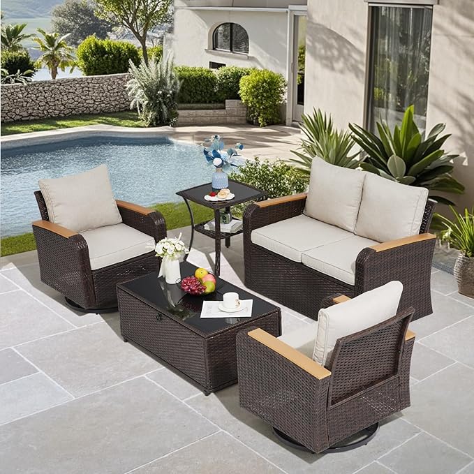 5 Pieces Outdoor Furniture Set with Swivel Chairs, Patio Wicker Patio Furniture Sets for Porch Deck Bistro Lawn Garden Backyard Poolside-Khaki