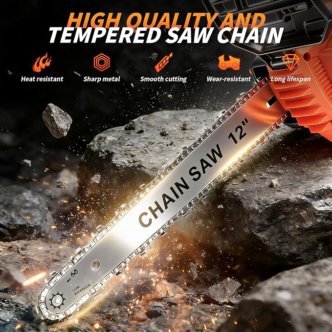 12-Inch Brushless Cordless Electric Chainsaw, Motosierra with 2 x 4.0Ah Batteries, Battery-Operated Chain Saw with 2 x Chain Guides, Handheld Battery Chain Saw for Wood Cutting& Tree Trimming