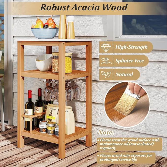 Goplus Outdoor Side Table, 3-Tier Acacia Wood Bar Table w/Marble-Like Countertop, 2 Slatted Shelves, Glass & Wine Holders, Small Buffet Sideboard & Corner End Table for Patio, Deck or Indoor