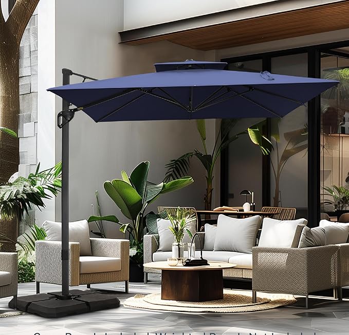 PHI VILLA 9x12 Cantilever Patio Umbrella with Base, Double Top Large Rectangular Umbrella, Heavy Duty 360° Rotation Hydraulic Outdoor Sun Umbrella Windproof for Pool, Garden, Navy Blue