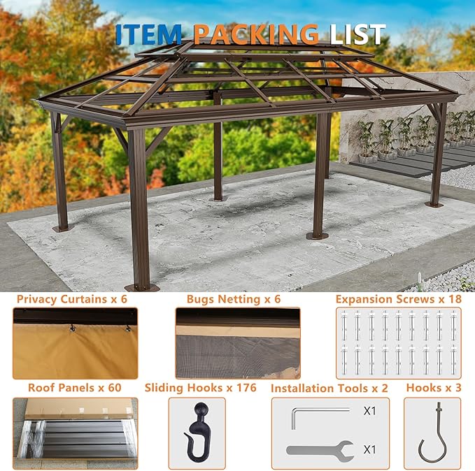 HOTEEL 12x20 Hardtop Gazebo with Metal Roof & Drainage System, Heavy Duty Galvanized Steel Gazebo with Reinforced Aluminum Frame, Privacy Curtains and Netting, for All-Weather, Brown (2026 Upgraded)