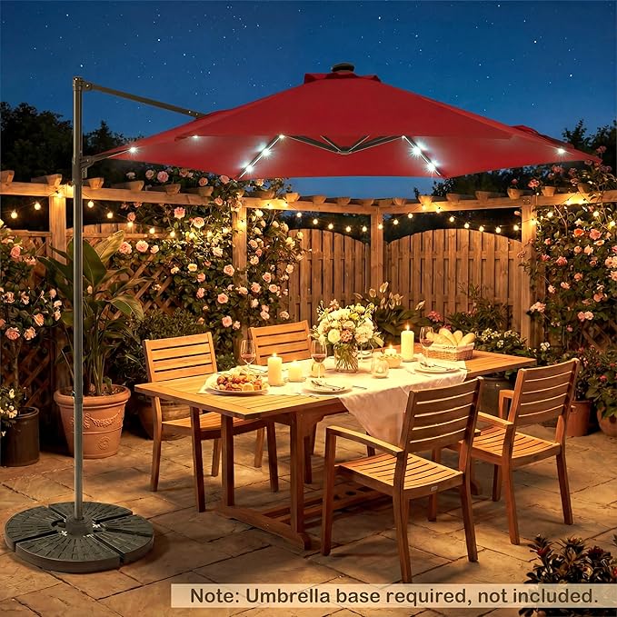 HAPPYGRILL 10 FT Patio Umbrella with Solar Lights, Outdoor Offset Cantilever Umbrella with White LED Lights, 360 Degree Rotation, Air Vent for Pool Deck Garden Backyard