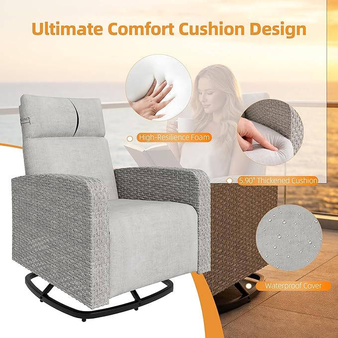 Outdoor Recliner Chair Set of 2,Reclining Patio Chair with Adjustable Back and Extended Footrest,All-Weather Wicker 360° Swivel Chairs with Flip-up Table for Pool Deck Balcony