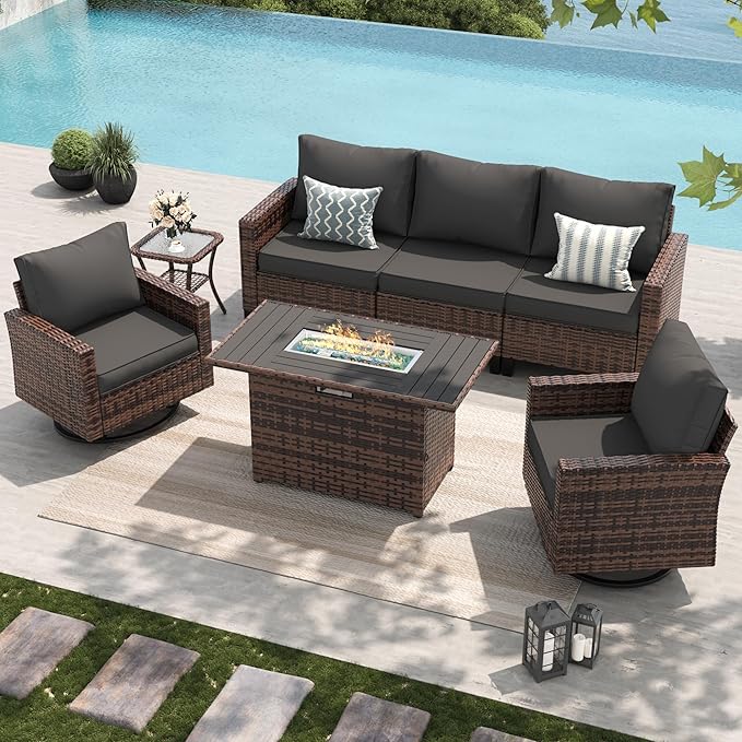 Amopatio Patio Furniture Set, 5-Piece Wicker Outdoor Sectional Sofa with Swivel Rocker Chairs, All-Weather Rattan Conversation Set with Fire Pit Table and Waterproof Cover for Backyard Brown/Grey