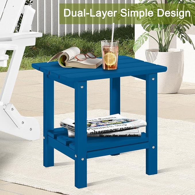 Adirondack Outdoor Side Table, 2-Tier Small Patio End Table, Weather Resistant HDPE Outdoor End Tables for Garden, Lawn, Pool, Beach, Porch, Deck, Backyard - Square, Dark Blue