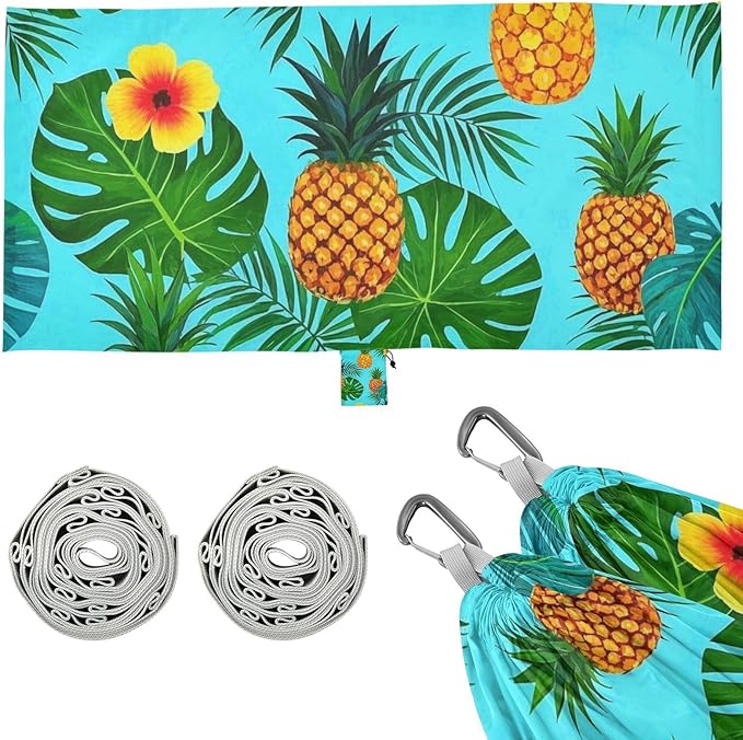 Summer Pineapple Palm Flower Blue 330lb Capacity Hammocks for Camping with Tree Straps Indoor Hammock for Outside Patio Garden sillas para acampar