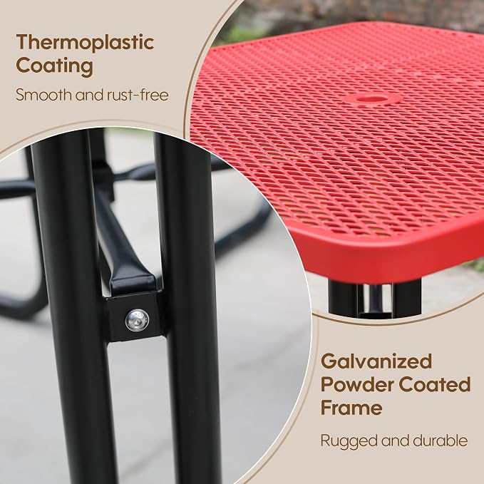 46" Square Picnic Table for Outside,Red Heavy Duty Metal Picnic Table Bench Set with 2in Umbrella Hole, 1600 lb Capacity,Commercial Dining Table Furniture for Garden Yard Patio Party Coffee Shop