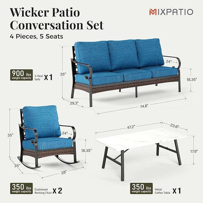 Patio Furniture Set with Coffee Table, Outdoor Conversation Set with 2 x Rocking Chairs, 1 x 3-Seat Sofa for Lawn Garden Backyard, Pacific Blue
