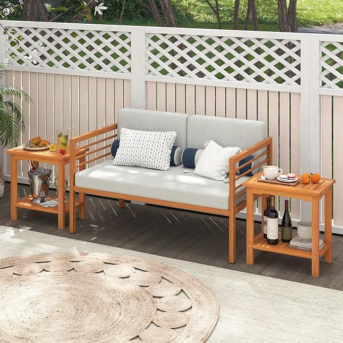 Tangkula Outdoor Side Table, 2-Tier Patio End Table with Slatted Tabletop & Storage Shelf, Acacia Wood Accent Bistro Table for Backyard, Poolside, Garden, Indoor, Natural (2)