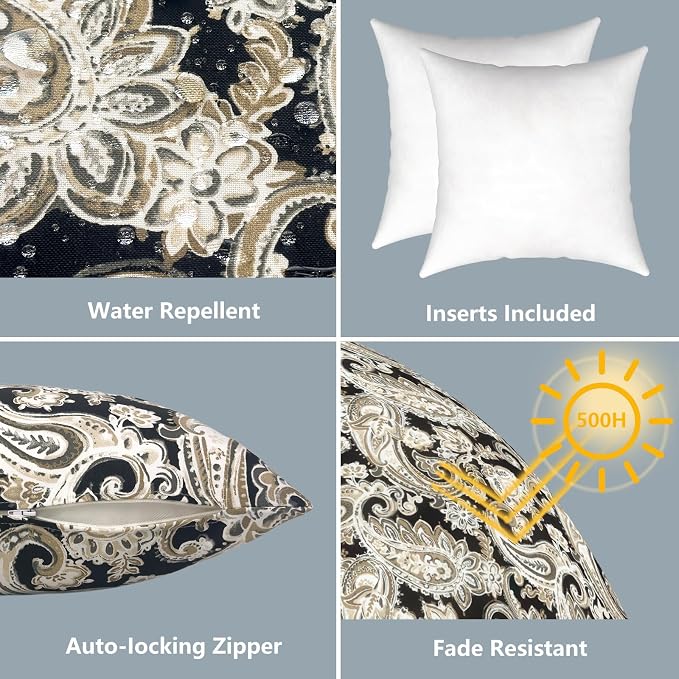 LVTXIII Outdoor Throw Pillows 16x16 Inch, Set of 2 Square Decorative Pillows with Inserts for Patio Furniture, Porch Chair, Garden Sofa, Paisley Black