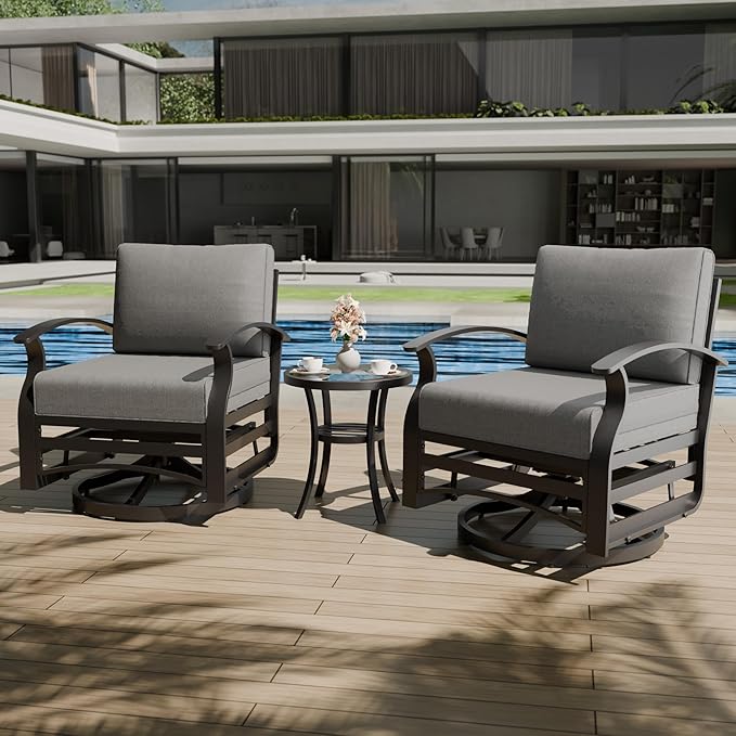 3 Piece Aluminum Swivel Rocking Chair Set, Outdoor Patio Swivel Gliders Chair with Glass Top Coffee Table, Conversation Furniture Set Suitable for Patio, Lawn, Outdoor, Back Garden(Gray)