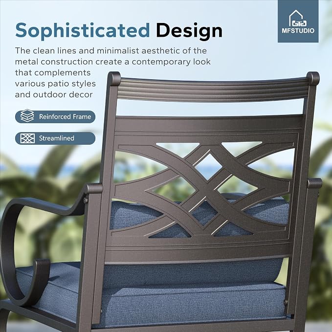 MFSTUDIO 5-Piece Patio Dining Set, 37" Square Metal Table, Swivel Chairs | Umbrella Hole, Blue, Seats 4