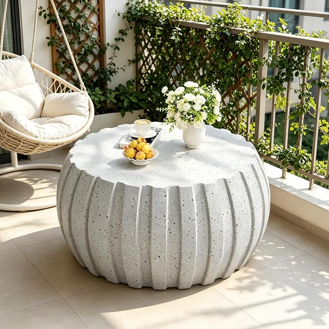 35.43" Round Outdoor Coffee Table - Waterproof MgO Cement Design, Durable Concrete Coffee Table for Patio, Garden, Living Room