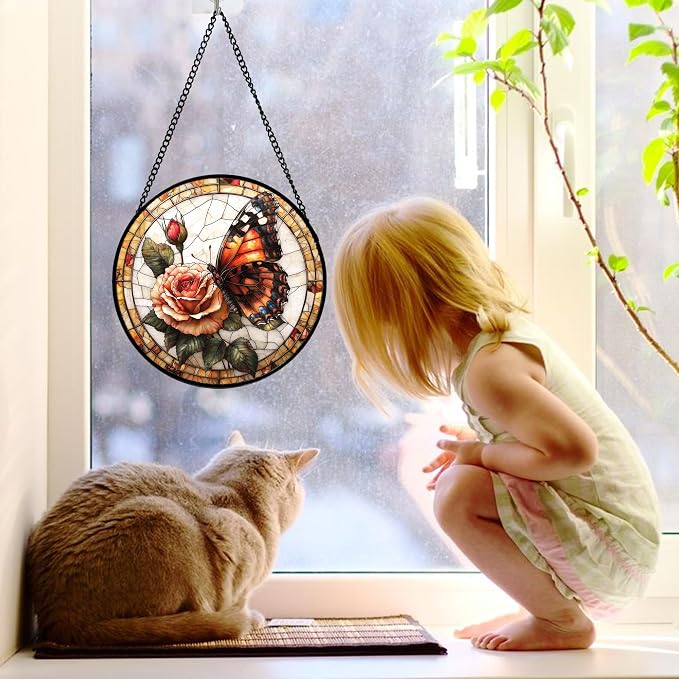 DASTOLL Stained Glass Window Hanging, Butterfly Picking Flowers Suncatcher for Doors Home Sun Catchers Decoration and Christmas, Mother's Day Birthday Gifts for Women, Men, and Mom 7.8 in