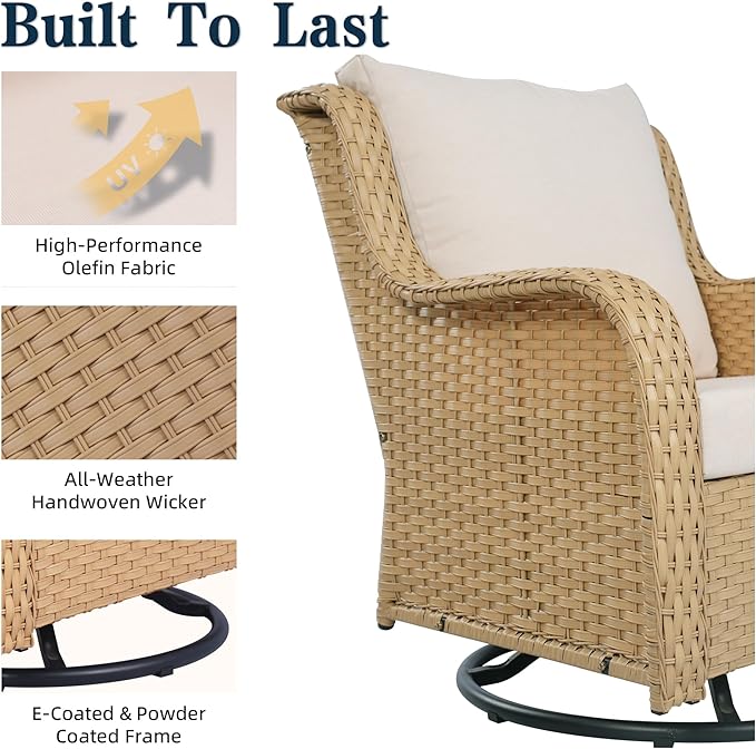 6 Piece Patio Furniture Set with Swivel Chairs, Side Table & Ottomans, Outdoor Patio Conversation Set with Comfortable Cushions for Backyard, Deck, Porch, Poolside - Beige Wicker with Cushions