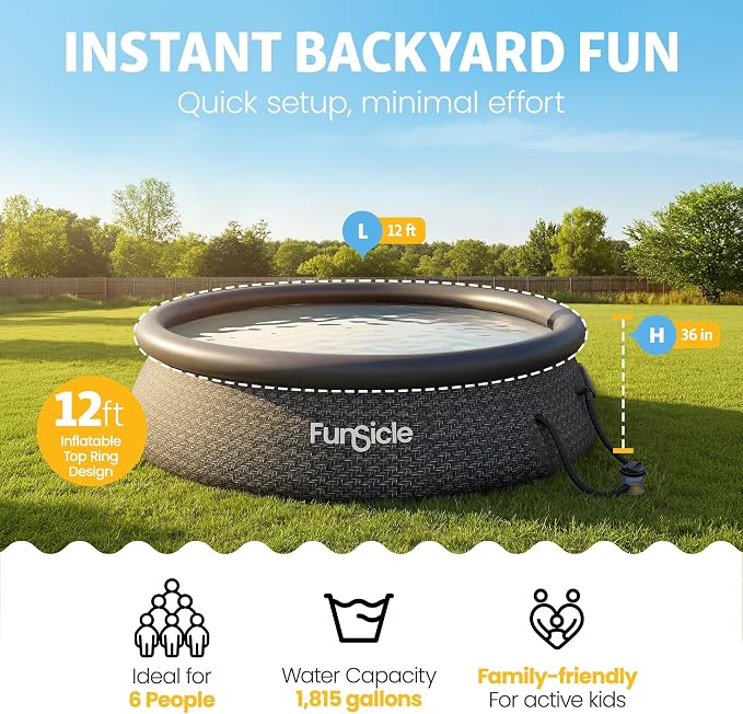 Funsicle Quickset Designer 12' x 36" Round Above Ground Swimming Pool, with FiltraBoost 800 GPH Filter Pump, Type D Filter Cartridge & Repair Patch, Dark Herringbone Print