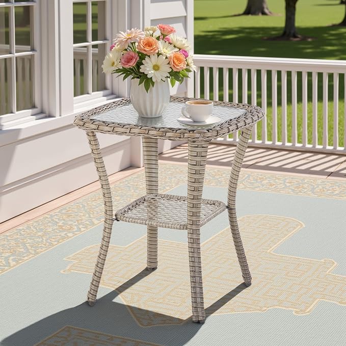 Patio Tables Wicker Side Table, Outdoor End Table with Storage Shelf, Patio Furniture Side Table for Sofa, Swivel Chairs, Garden, Balcony - Light Grey