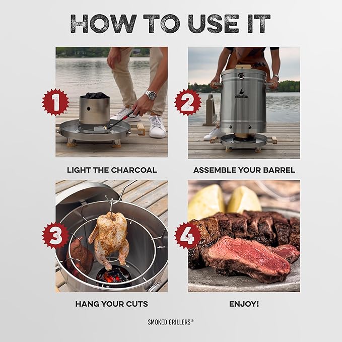 Barrel Smoker Grill Combo | 100% 304 Stainless Steel Barrel | 95% Less Smoke, Even Heat | Easy to Use & Clean – Vertical Smoker Ideal for Balconies and Backyards (MEDIUM-25 LBS)