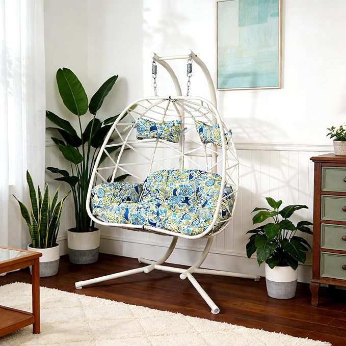 Double Egg-Shaped Hammock Chair with Stand Swing Egg Chair, Wicker Hanging Chair with Washable Cushion Sturdy Metal Stand, 600lbs Capacity for Indoor Outdoor Patio Living Room Etc(White+Morocco Dream)