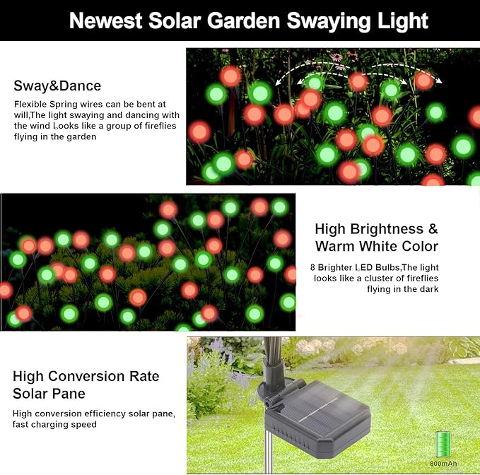 Solar Firefly Lights Outdoor, 8 Modes Red and Green Swaying Firefly Solar Garden Lights Waterproof for Outside Christmas Holiday Yard Patio Pathway Landscape Garden Decor(Red & Green 4 Pack)