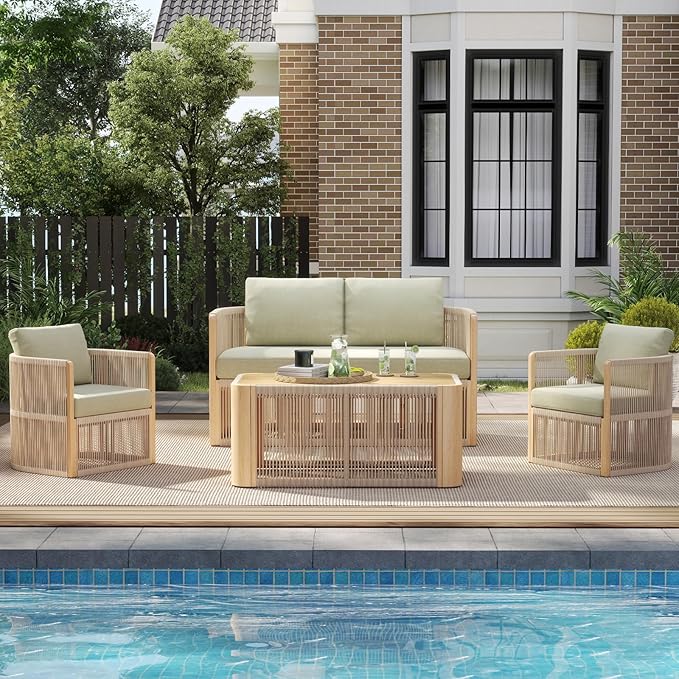 Sectional Patio Set, Modern Aluminum & Rope Outdoor Sofa Set with Cushions, Patio Conversation Set, 4 Piece Patio Furniture, Balcony Furniture Chair Set All Weather, Green