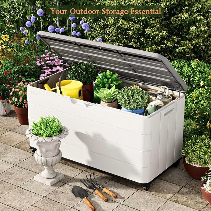 ZZM 110 Gallon Outdoor Deck Box with Wheels, Waterproof Resin Storage Cabinet for Patio