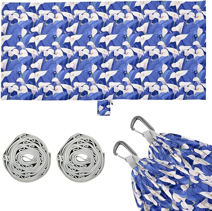 Safari Calla Lily Royal Blue White Outdoor Hammock with Tree Straps Rope Hammock for Outside Patio Backyard Poolside