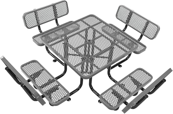 Global Industrial 46" Square Picnic Table with Backrests, Expanded Metal, Gray Thermoplastic Coating, 1-1/2" Umbrella Hole, Outdoor-Rated, 1000 Lbs Capacity