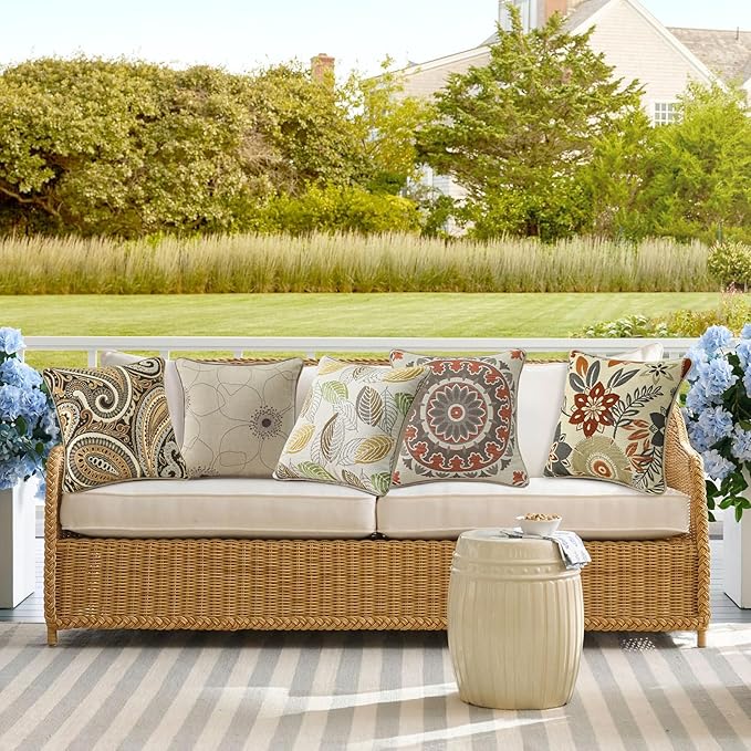 Outdoor Sunbrella Decorative Pillows Pack of 4, 18" x 18" Outdoor Pillow Set for Couch Bed Throw Patio Sofa, Royce Walnut