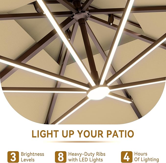 9 X 12 FT Cantilever Outdoor Patio Umbrella with Base Included Large Heavy Duty 360° Rotation Double Top Offset Rectangular Umbrellas with LED Lights for Backyard Outside Deck, Beige
