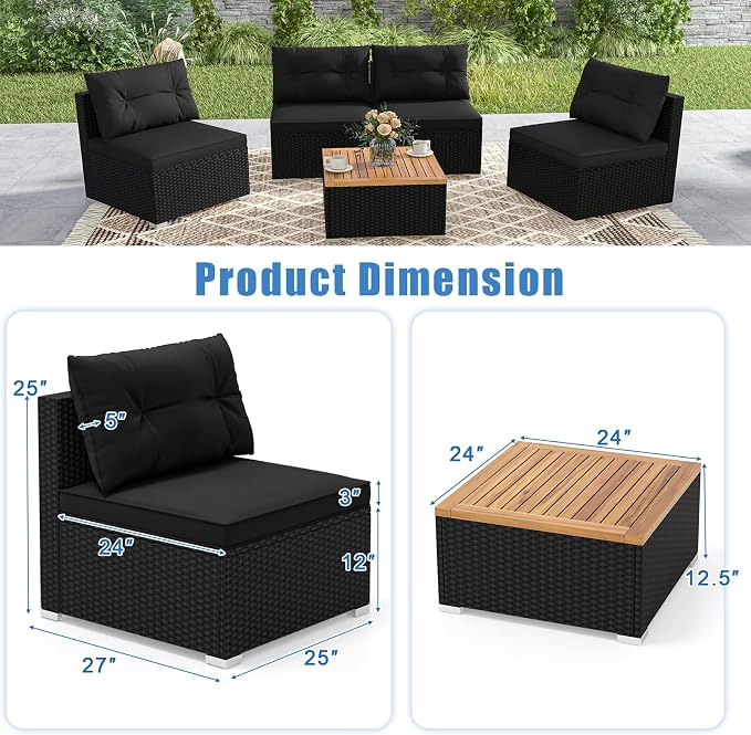 DORTALA 5 Piece Wicker Patio Furniture Set, PE Rattan Outdoor Sectional Conversation Set with Acacia Wood Coffee Table, 4 Chairs for Deck, Backyard, Poolside, Black