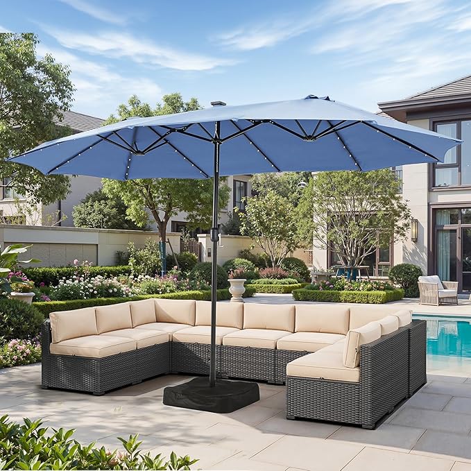 Aoxun 15ft Patio Umbrella with Base Included, Outdoor Double-Sided Rectangular Umbrella with Crank Handle & Ventilation, Large Standing Umbrella for Pool, Deck, Lawn, Backyard & Beach