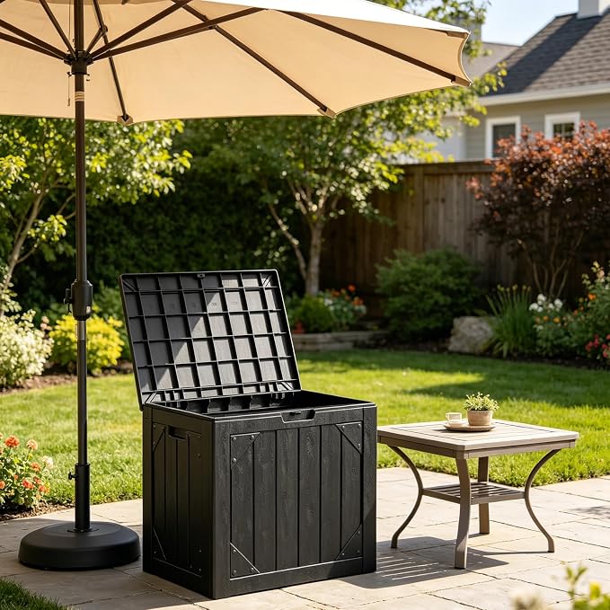 Outdoor Storage Box,30 Gallon Deck Box Outdoor Storage Bench Outside Waterproof Resin Storage Bench, Lockable Patio Cushions, Garden Tools Storage For Furniture, UV Resistant(Black)