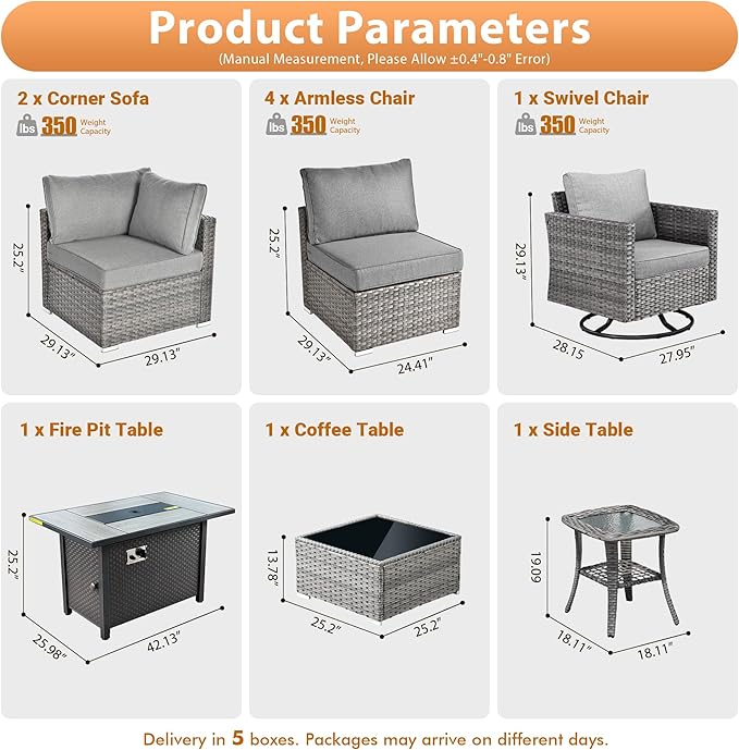 10 PCS Outdoor Patio Furniture Sets with 42'' Fire Pit Table,Wicker Weather Resistant Patio Conversation Set with Wicker Rocking Chair,Modular L Shaped Sofa with Coffee Table for Yard,Dark Grey