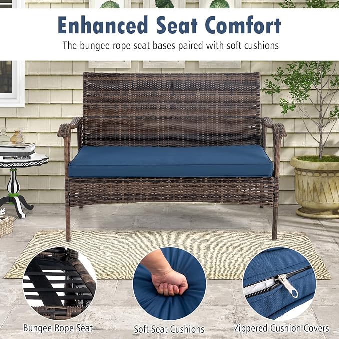 Tangkula 4 Piece Wicker Rocking Set, 2 Patio Rattan Rocker Chairs w/Loveseat & Coffee Table, Heavy-Duty Metal Frame & Bungee Rope Seat, Cushioned Patio Rattan Rocker Set for Porch, Poolside (1, Navy)