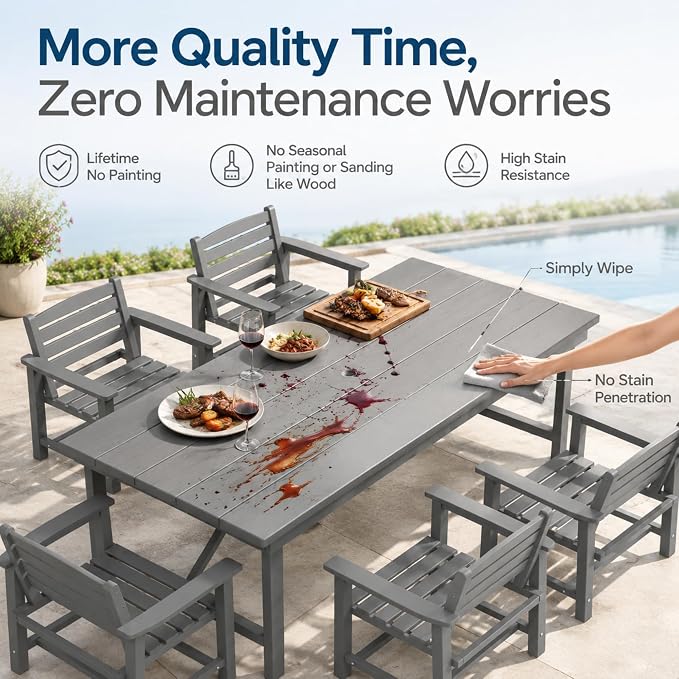 7-Piece Two-Tone Gray Patio Dining Table Sets, All-Weather HDPE Outdoor Furniture Set with Umbrella Hole, Light Gray Rectangular Table and 6 Dark Gray Chairs for Backyard Deck Garden