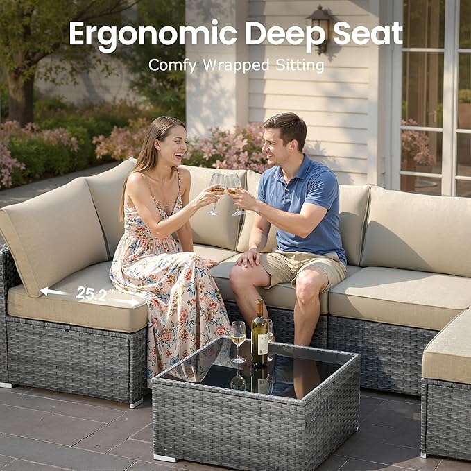11 PCS Outdoor Patio Furniture Sets with 42'' Fire Pit Table,Wicker Weather Resistant Patio Conversation Set with 2 Wicker Rocking Chair,Modular L Shaped Sofa with Coffee Table for Yard,Beige