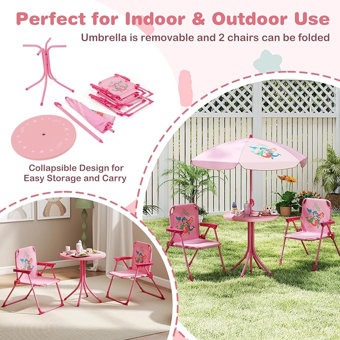 KOTEK Kids Picnic Table with Umbrella, Outdoor Table & 2 Folding Chairs, Cute Pattern Children’s Patio Furniture, Portable Kids Table and Chair Set for Backyard, Garden, Beach (Pink)