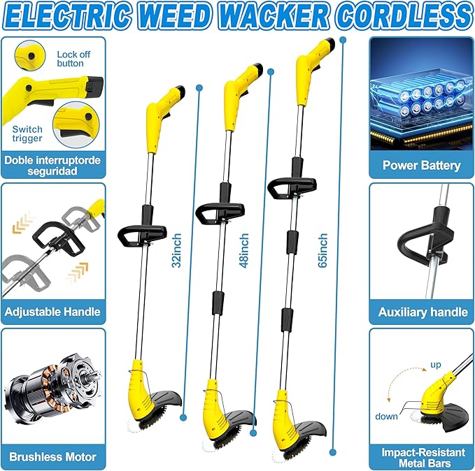 Aokia Electric Weed Wacker Cordless, 12V Battery Powered Weed Eater Cordless with Adjustable Pole (65inch), Lightweight Grass Trimmer Cutter/Edger/Mower with 2 Types Blade for Garden, Yard Lawn Work