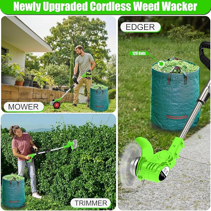 Cordless Weed Wacker Eater Battery Powered 21V Lightweight Electric Weed Trimmer with 2 Battery Operated Leaf Blower Weed Storage Bag, Stringless Grass Trimmer/Brush Cutter/Lawn Edger for Yard Garden