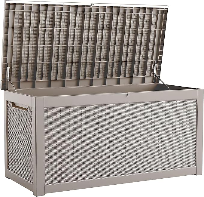 260 Gallon Storage Box, Waterproof Resin Deck Box with Steel Support & Hydraulic Rod, Lockable Storage Bench for Indoor & Outdoor Use, Storage Bin for Patio Cushions, Garden Tools, Grey