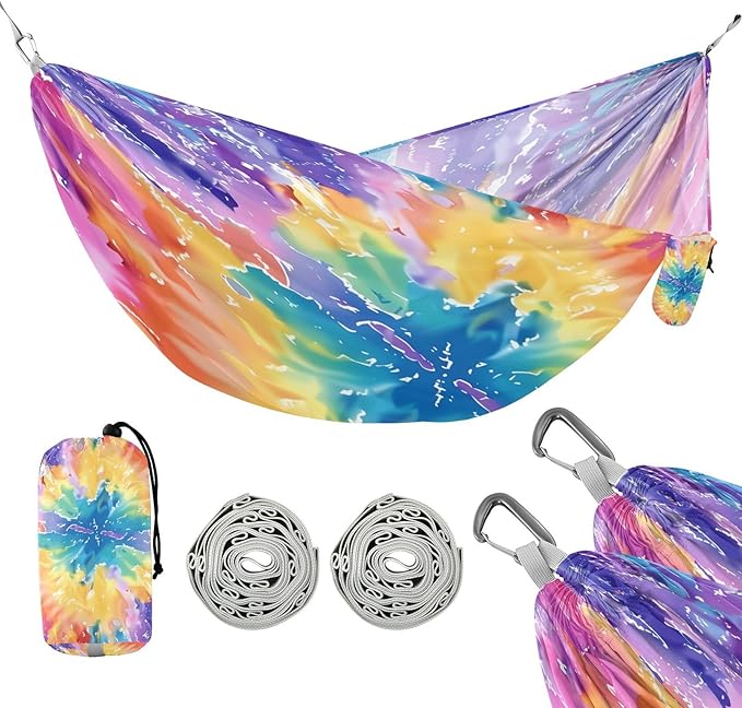 Camping Hammock Lightweight - 350lbs Portable Hammock with 2 Tree Straps and Attached Carry Bag,Great for Travel/Backpacking/Beach/Backyard - Single or Double - Tie Dye 7
