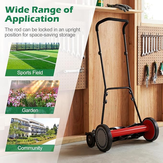 Push Reel Lawn Mower, Cordless 18" Manganese Steel Manual Grass Cutter with 5-Blade, Removable Grass Catcher, 9 Cutting Heights, Walk-Behind Lawn Mower for Garden Farm Yard (Red)