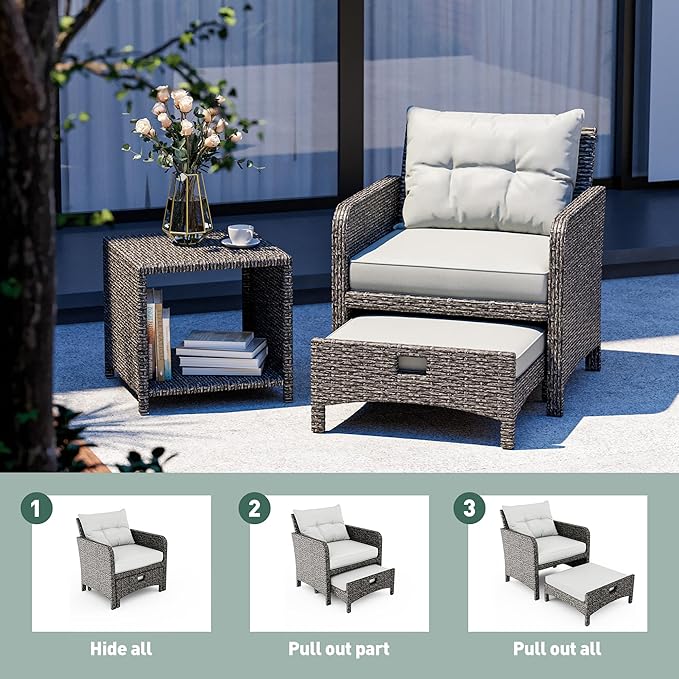 5 Piece Patio Furniture Set, All-Weather Patio Furniture with Soft Cushions, PE Wicker Patio Sofa Set with Coffee Table and Ottoman, for Outdoor, Porch, and Balcony (Light Grey-Grey)