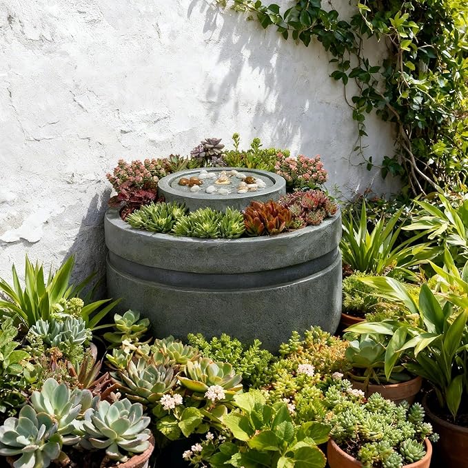 Outdoor Water Fountain with Planter, 18" Modern Round Stone-Like Garden Fountain with LED Lights & Decorative Pebbles, 55dB Quiet Cascading Waterfall for Patio, Deck, Porch Garden Decor