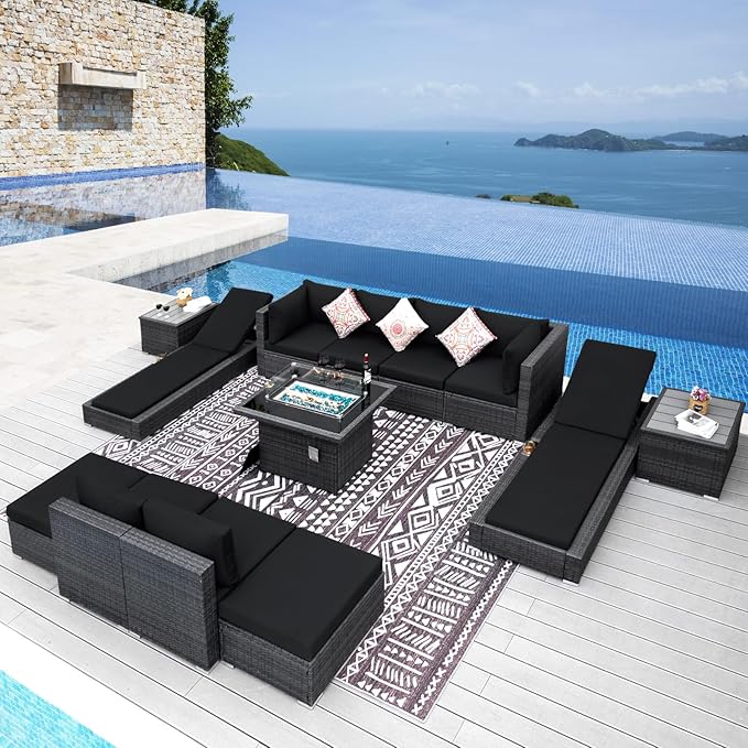 NICESOUL 13 Piece Patio Sectional w/Fire Pit, Modular Wicker Outdoor Couch w/Chaise Lounge, Large Size 29.3'' High-Back Deep Conversation Seating, All-Weather Backyard Movie Furniture, Grey & Black